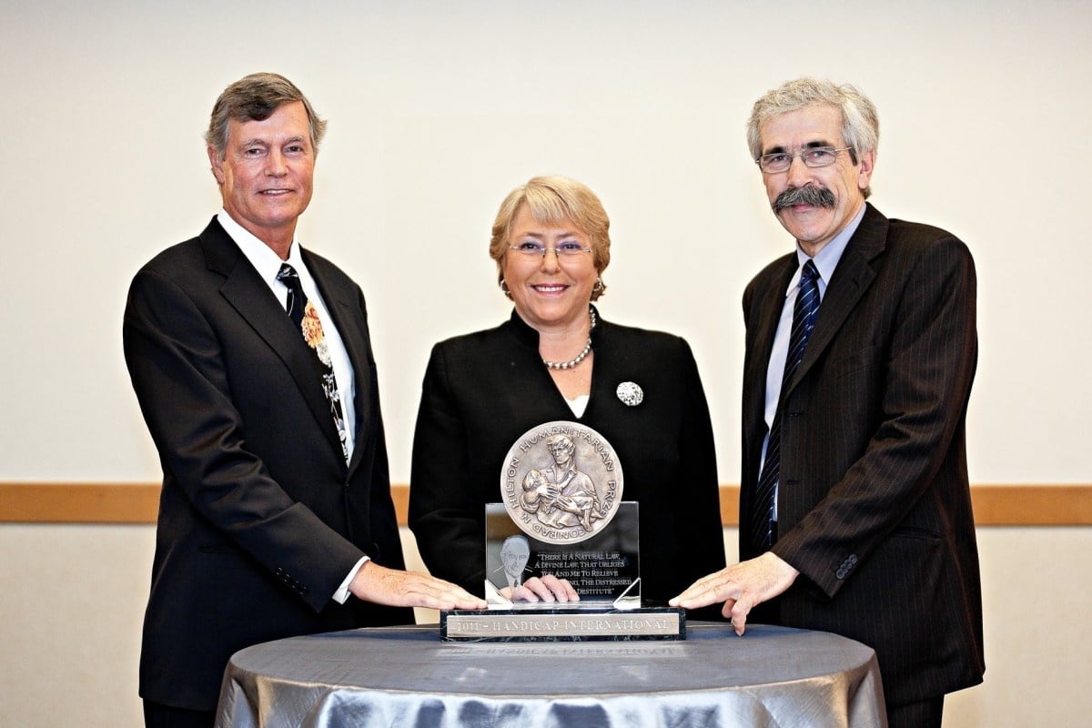  Steven M. Hilton, president and CEO of the Hilton Foundation; Michelle Bachelet, Executive Director of UN Women; and Jean-Baptiste Richardier with the Hilton Prize