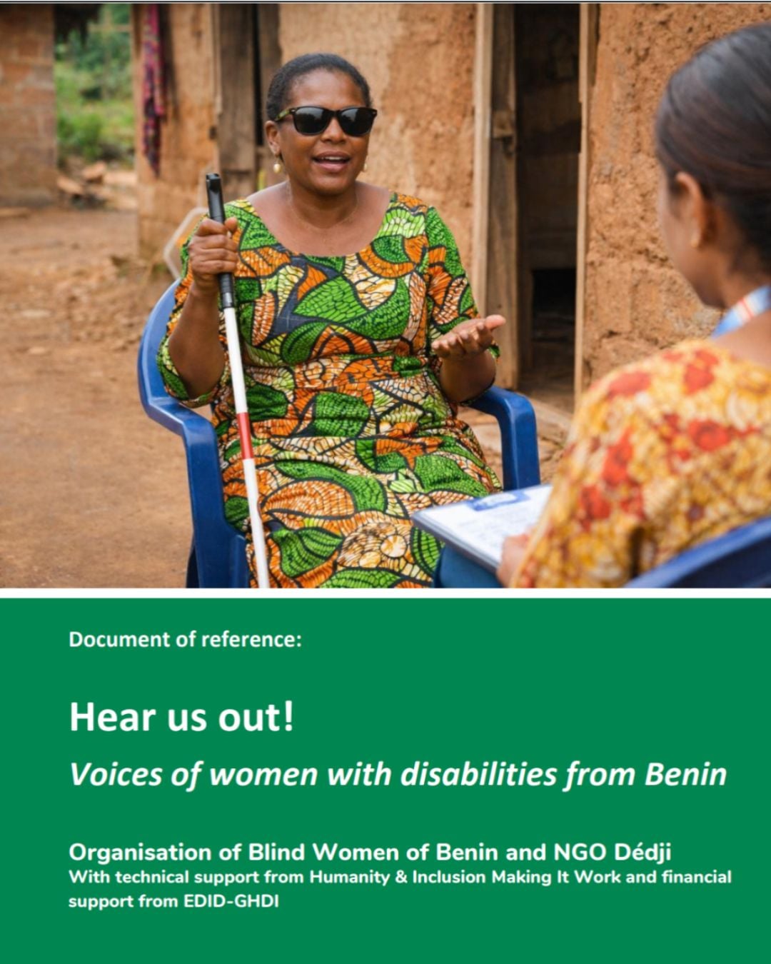 a blind woman sitting and speaking
