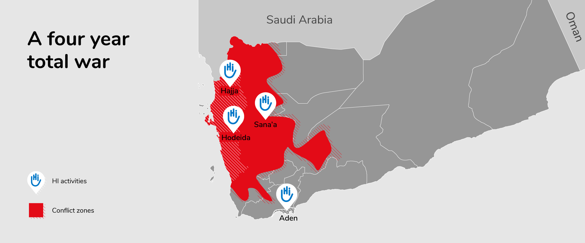 4 years of indiscriminate warfare in Yemen. HI intervenes in Sana'a, Aden, Hodeida and Hajjah 