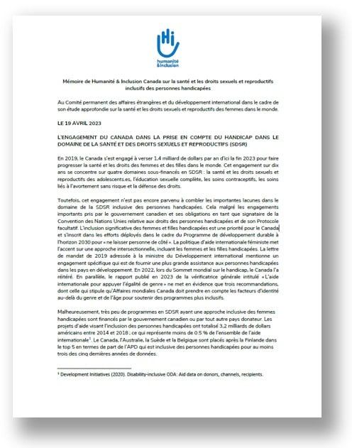 Mémoire de Humanité & Inclusion Canada sur la santé et les droits sexuels et reproductifs inclusifs des personnes handicapées