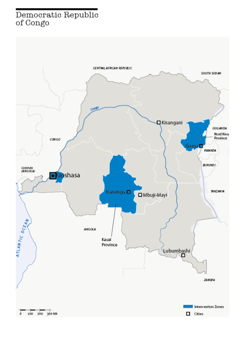 Carte des interventions de HI en RDC