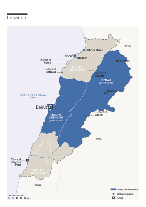 Carte des interventions de HI au Liban