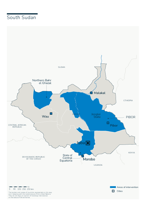 Map of South Soudan: presence of Humanity & Inclusion in the country