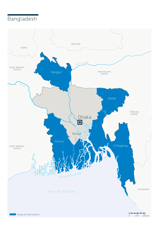 Map of Bangladesh with Humanty & Inclusion's presence in the country
