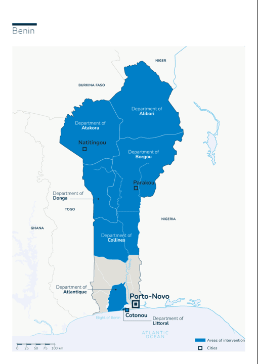 Map of HI's interventions in Benin