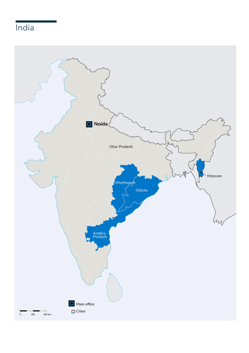Map of India with Humanty & Inclusion's presence in the country