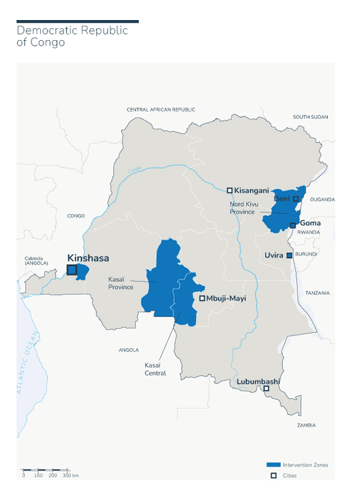 Carte des interventions de HI en RDC