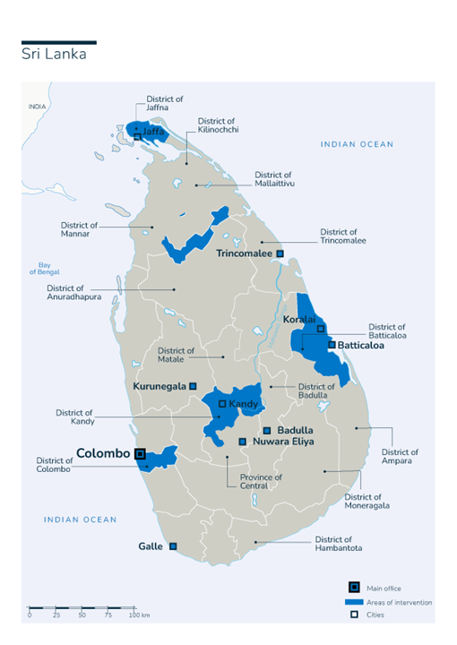 Carte des interventions de HI au Sri Lanka
