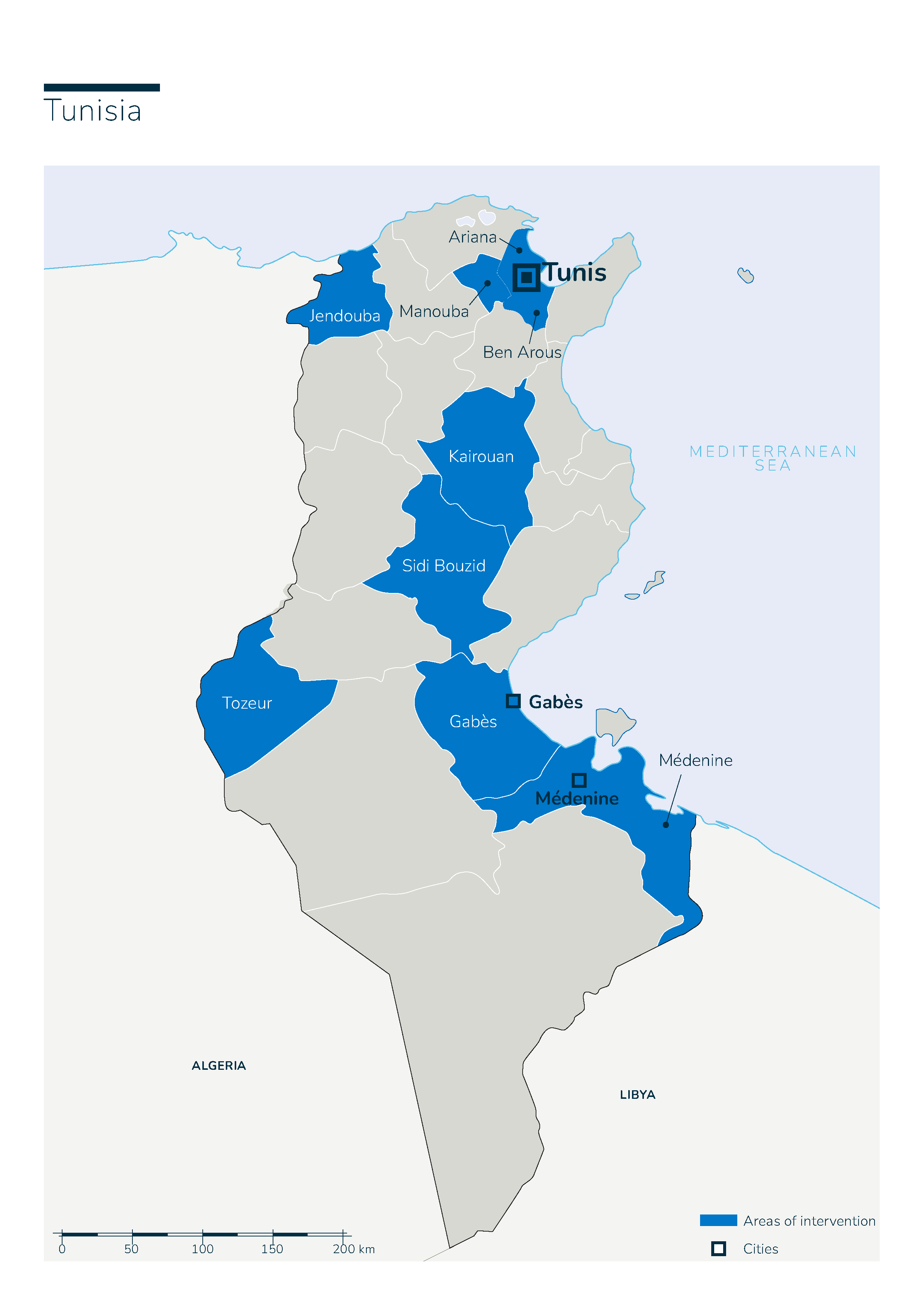 Map of Humanity & Inclusion's interventions in Tunisia