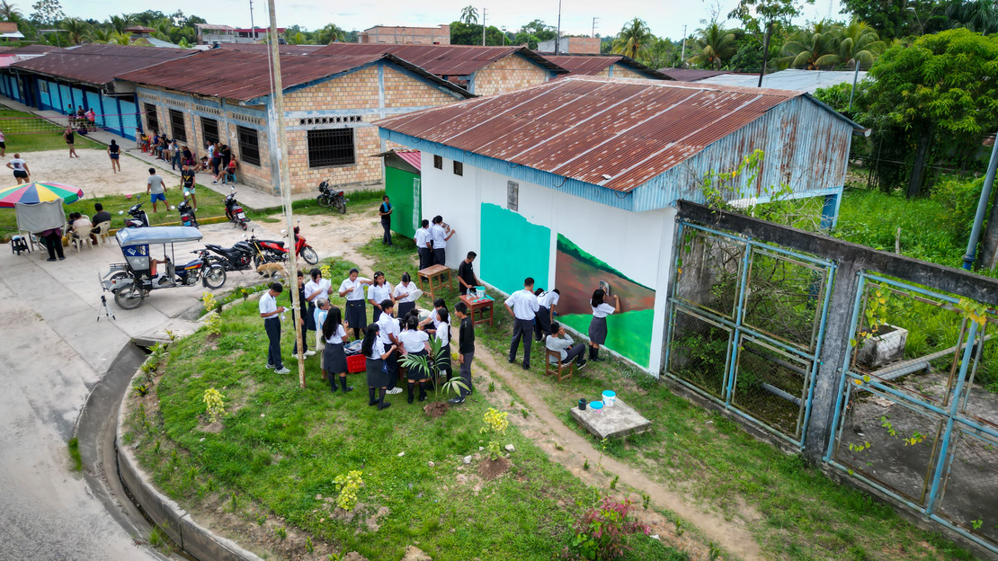 Vue drone d'un groupe d'adolescents en tenue scolaire en train de peindre une fresque murale avec beaucoup de vert sur la façade d'une maison.