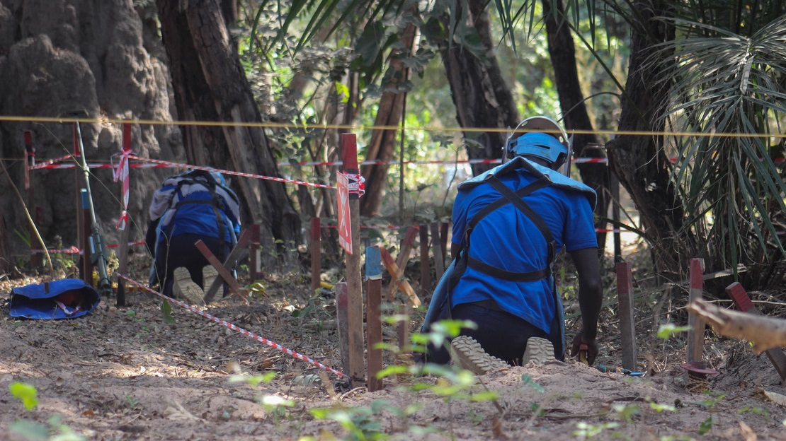 Deux démineurs vus de dos sont agenouillés par terre à l'ombre, dans un corridor délimité par des piquets rouges. Autour d'eux, on devenir la terre et la végétation.