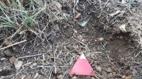 Israeli landmine found in the village of Btater in the Aley district of Lebanon and marked with a red triangle by the HI demining team. 